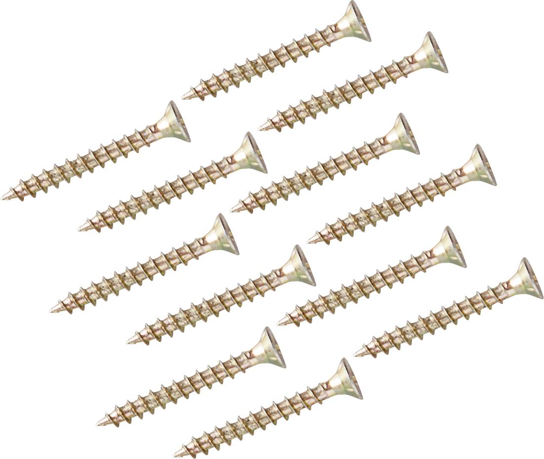 Satz von goldfarbenen Flachkopf-Holzschrauben, diagonal auf weißem Hintergrund angeordnet.