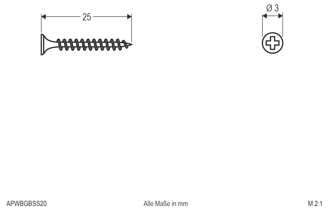 Technische Zeichnung einer Kreuzschlitz-Schraube, 25 mm lang und 3 mm Durchmesser, mit allen Abmessungen in Millimetern.