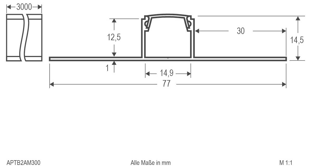 Technische Maßzeichnung eines Metallprofils/einer Klemme mit Querschnitt und Seitenansicht sowie Abmessungen in Millimetern, einschließlich 77 mm Länge, 30 mm Breite, 14,5 mm Höhe und 12,5 mm Versatz.