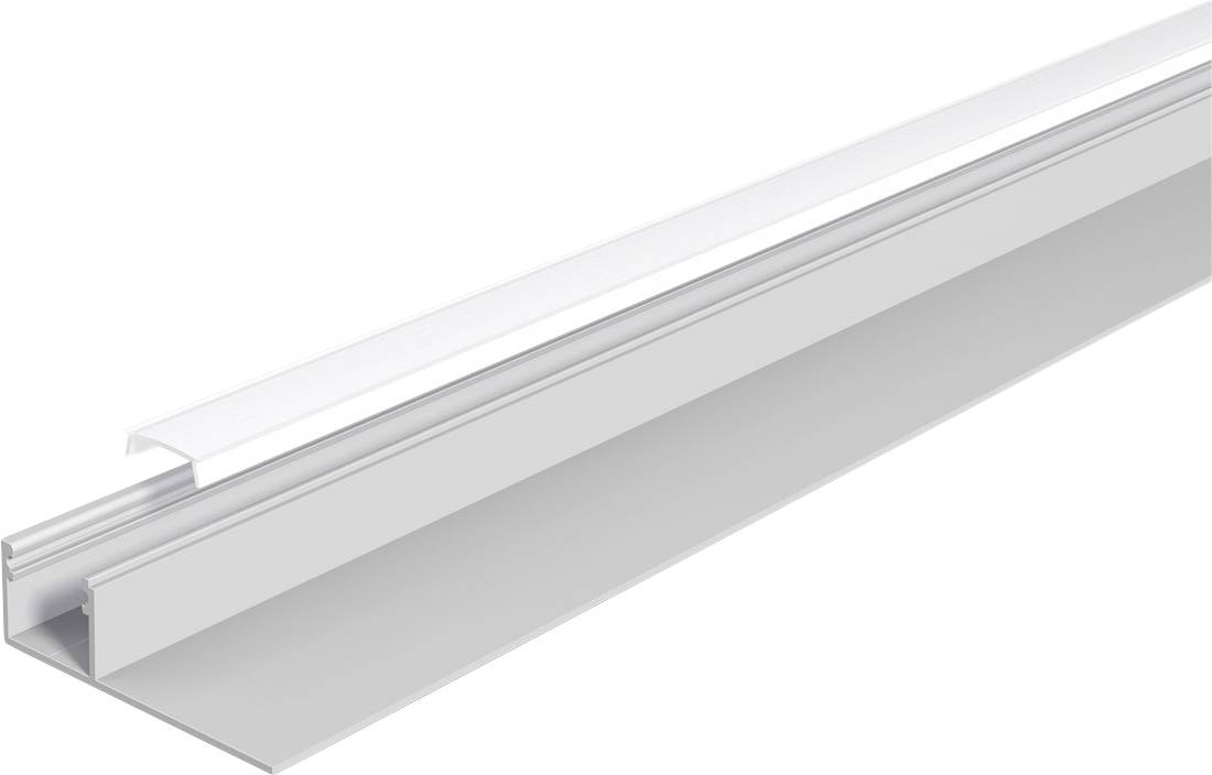 Langer silberner Metall-Linearleuchten-Kanal oder eine Schiene mit schmaler Abdeckung, perspektivisch auf weißem Hintergrund dargestellt.