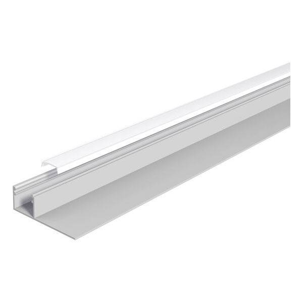 Ein weißes, schienenförmiges Aluminiumprofil zur Befestigung von LED-Streifen, dargestellt in seitlicher Ansicht.