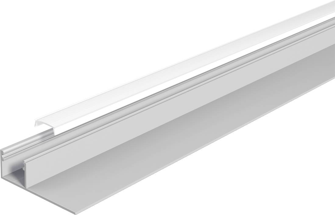 Langes silberfarbenes Aluminium-Kanal- oder lineares Leuchtengehäuse, perspektivisch auf weißem Hintergrund dargestellt.