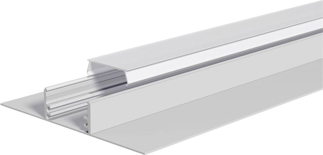 Weißes Metallkanalprofil mit abgedeckter Oberseite, in Perspektive auf einfachem Hintergrund dargestellt.