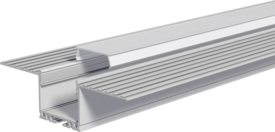 Querschnitt eines Aluminium-LED-Leuchtenprofilkanals mit diffuser Abdeckung und gerippter Wärmesinkbasis.