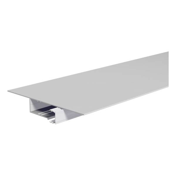 Silbernes Aluminiumprofil in rechteckiger Form, oft zur Befestigung oder Abschluss von Oberflächen verwendet.