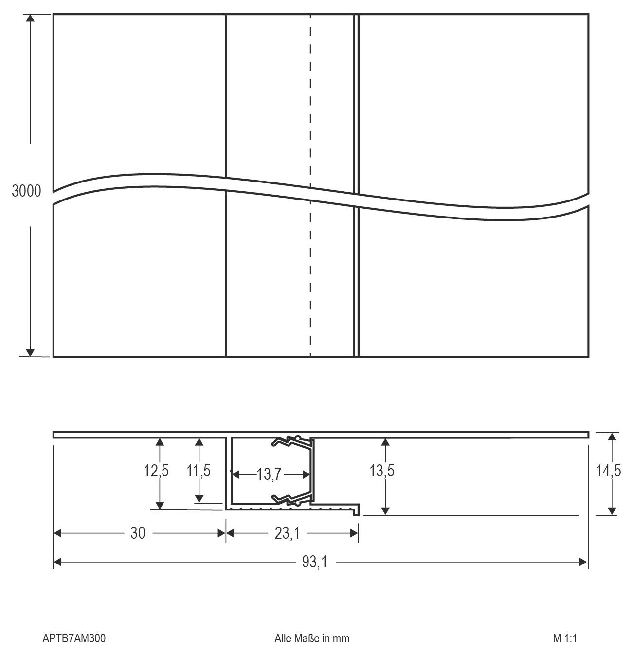 Technische Zeichnung eines Panels mit einem gekrümmten horizontalen Merkmal, das Front- und Seitenansichten mit Abmessungen in Millimetern zeigt, einschließlich 3000, 93,1, 30, 23,1, 13,7, 13,5, 14,5, 12,5 und 11,5.
