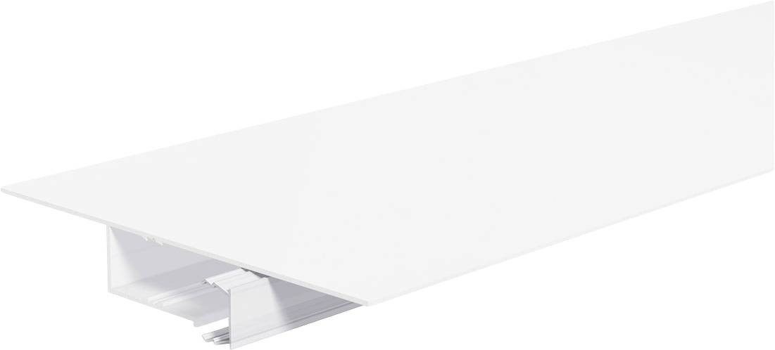 Weiße lineare LED-Leuchte mit Diffusor und Montageschiene in Perspektivansicht auf weißem Hintergrund.