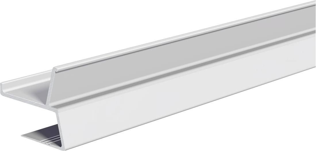 Langes silbernes Metallkanalprofile, perspektivisch auf weißem Hintergrund dargestellt, wahrscheinlich eine strukturelle Bauzierleiste oder Spurkomponente.