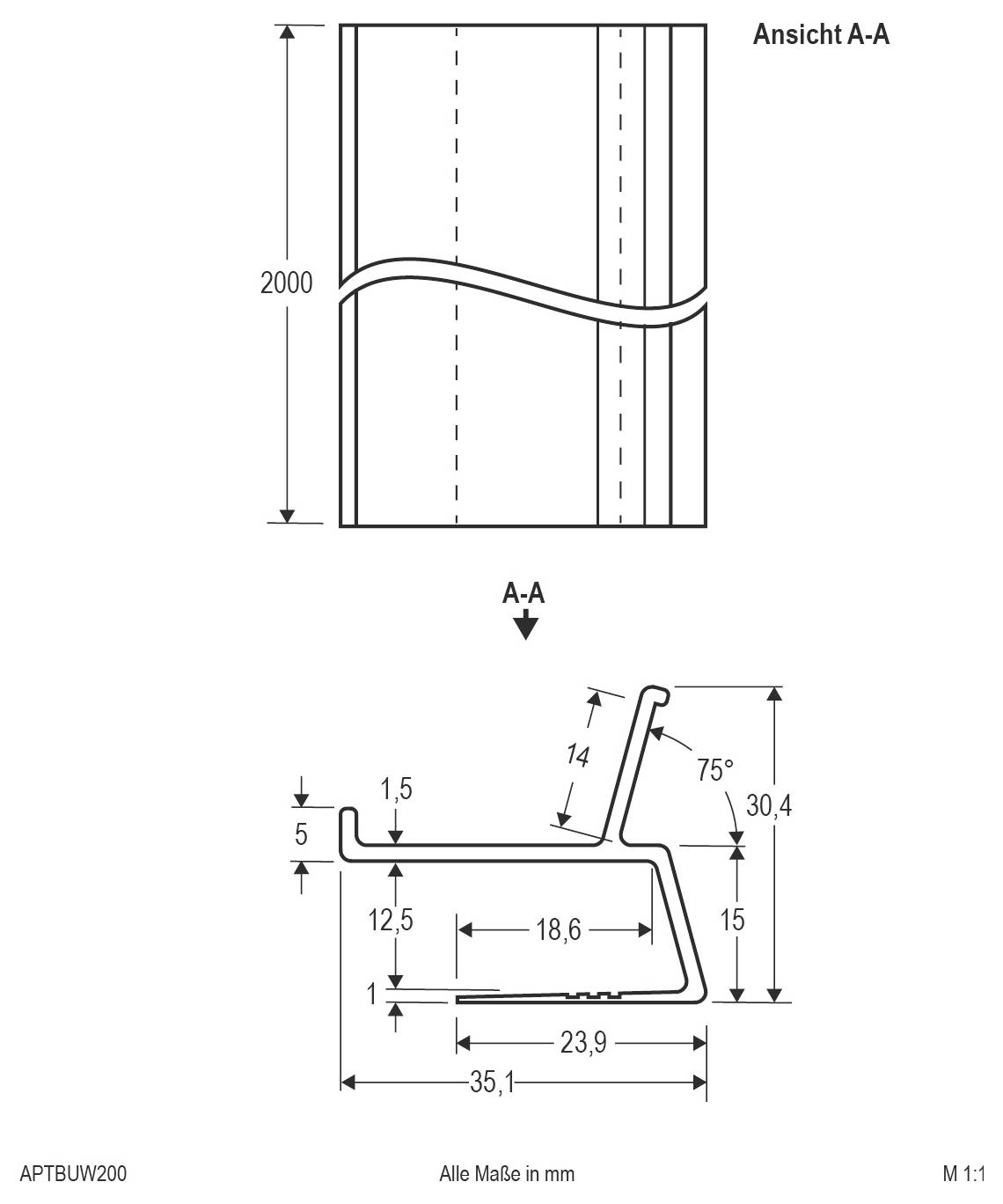 Technische Zeichnung eines gebogenen Profils mit Schnitt A-A und Abmessungen in Millimetern, mit einer Länge von 2000 mm und detaillierten Querschnittswinkeln und Messwerten.