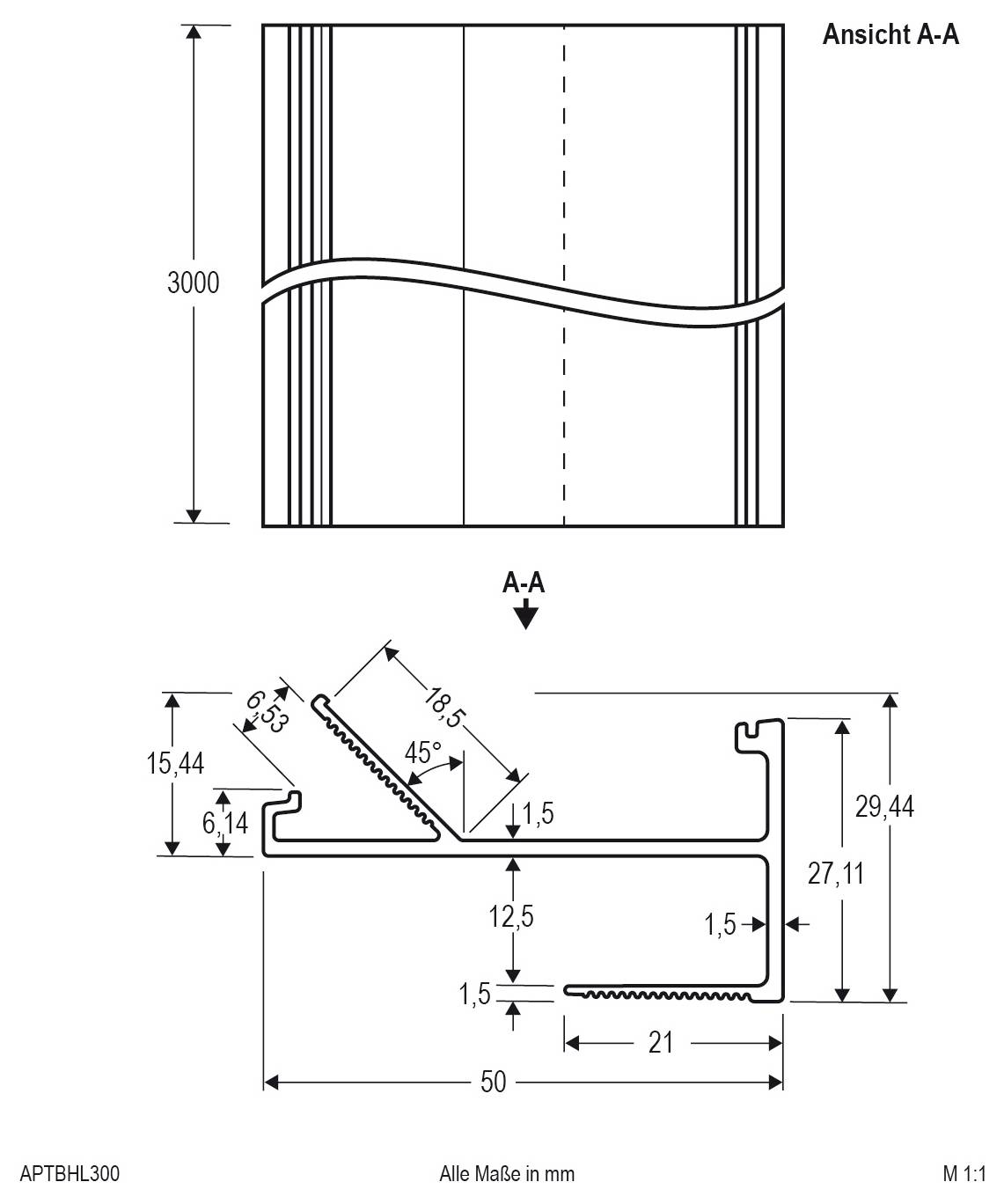 Technische Zeichnung eines Metallprofils im Schnitt A-A, mit Vorder- und Querschnittsansichten mit Abmessungen in Millimetern, einschließlich 3000 Länge, 50 Breite und verschiedener Kerb- und Flanschwerte.