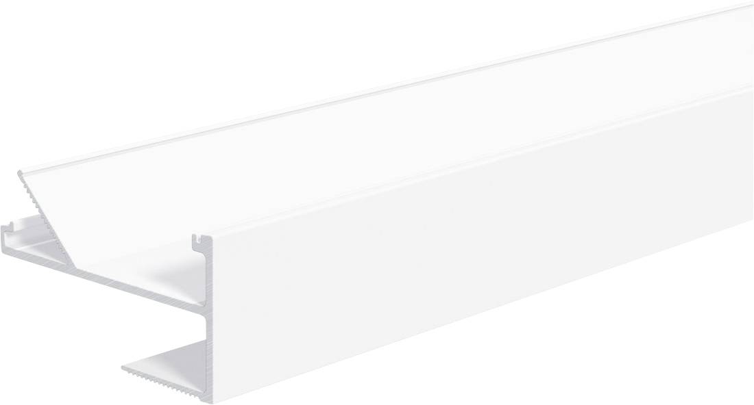 Weißes Aluminiumprofil in Perspektive dargestellt, mit Schlitzfuß und geneigtem Abdeckpanel.