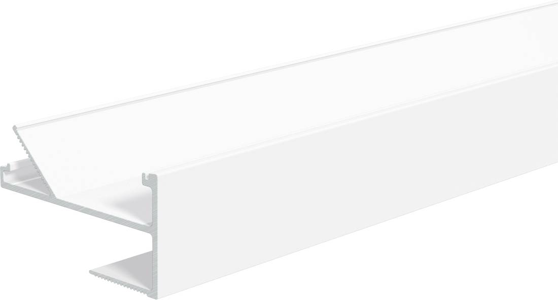 Weißes Metalllinearleuchtengehäuse in Perspektive dargestellt, mit langem rechteckigem Kanal und Befestigungskanten.