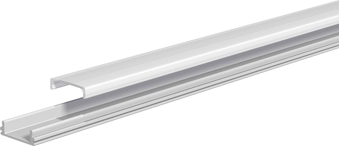 Langer silberner U-förmiger Metallkanal oder Schiene auf weißem Hintergrund, wahrscheinlich eine Aluminiumprofil- oder Zierleiste.