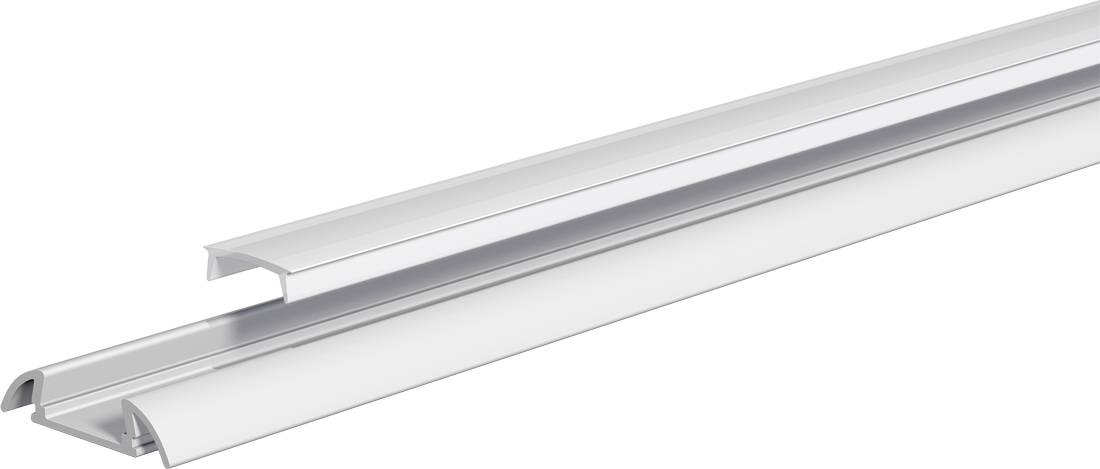 Weiße Aluminium-Montageschiene oder LED-Lichtkanal in Perspektivansicht auf neutralem weißem Hintergrund.