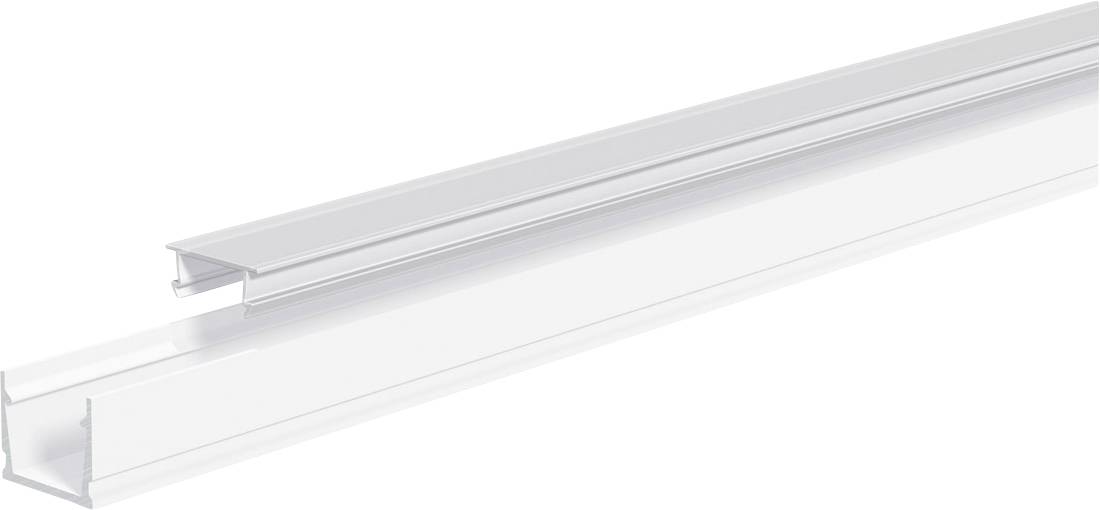 Zwei durchsichtige Kunststoff-Lichtdiffusorkanäle, diagonal auf weißem Hintergrund dargestellt, ein schmäleres Profil in einem breiteren U-förmigen Kanal.