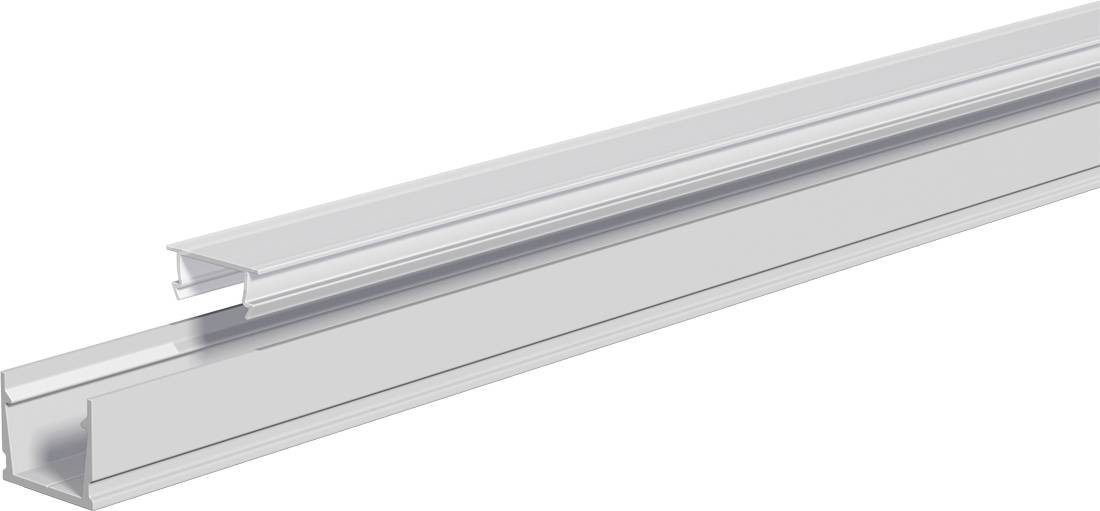 Zwei silberne Aluminiumprofile, eines über dem anderen verschachtelt, diagonal auf weißem Hintergrund dargestellt.