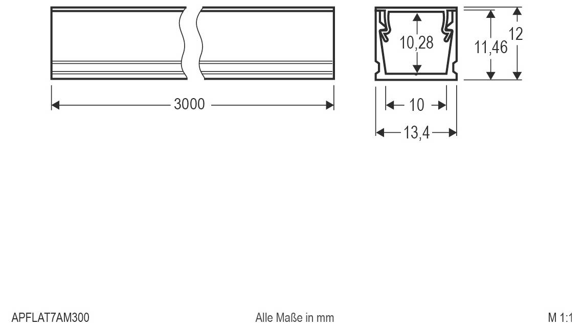 Technische Zeichnung eines Profils mit einer Länge von 3000 mm und Querschnittsabmessungen von 13,4 mm Breite, 11,46 mm Höhe und 10,28 mm innere Breite.