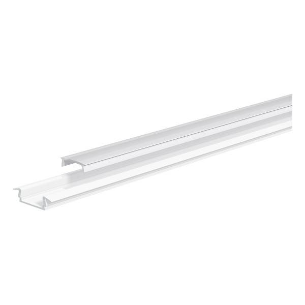 Ein länglicher, weißer, U-förmiger Aluminiumkanal, der als Halterung für LED-Streifen dient. Ideal zur Installation in modernen Einrichtungen.