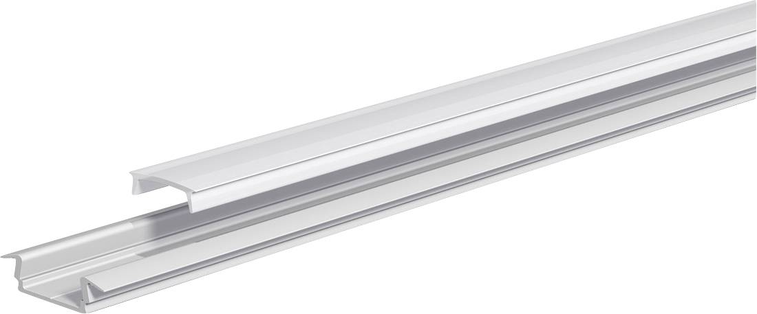 Metallischer linearer LED-Lichtkanal oder Diffuserprofil in perspektivischer Ansicht auf weißem Hintergrund.