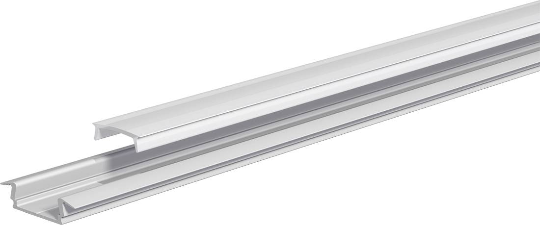 Lange metallische lineare Schiene oder Schienenkammer, perspektivisch auf weißem Hintergrund dargestellt.