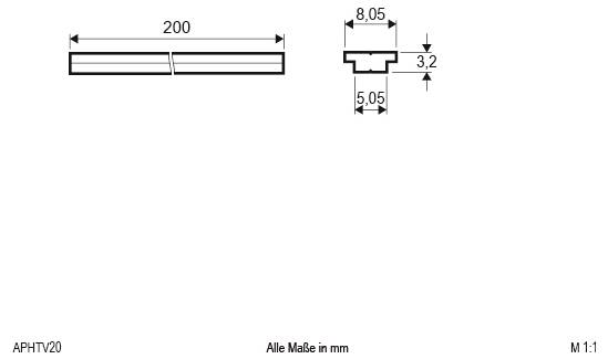 Technische Zeichnung eines rechteckigen Profils, 200 mm lang, mit Querschnittsdimensionen 8,05 mm Breite und 3,2 mm Höhe, plus 5,05 mm Basisbreite.