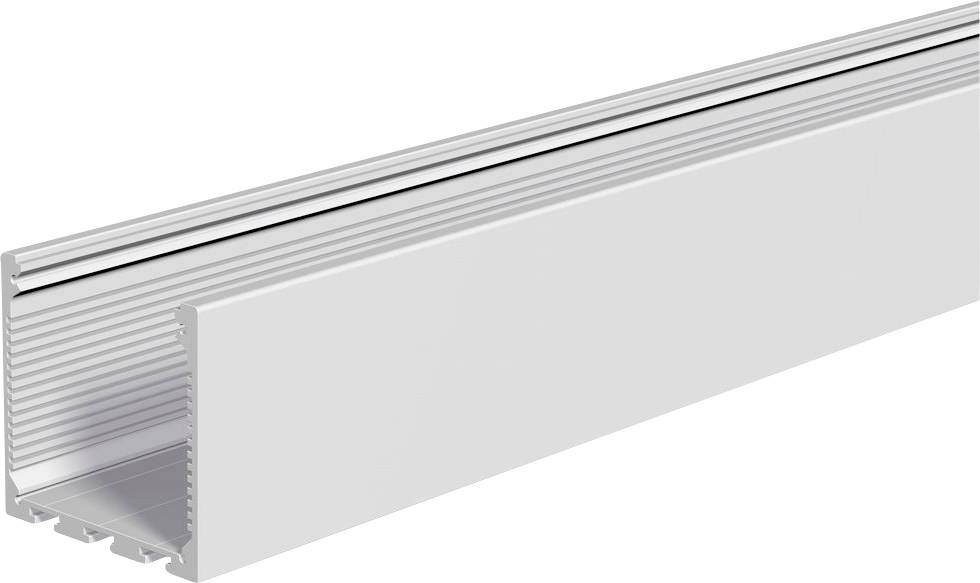 3D-Rendering eines langen Aluminiumprofils mit hohlem, geripptem Querschnitt auf weißem Hintergrund.