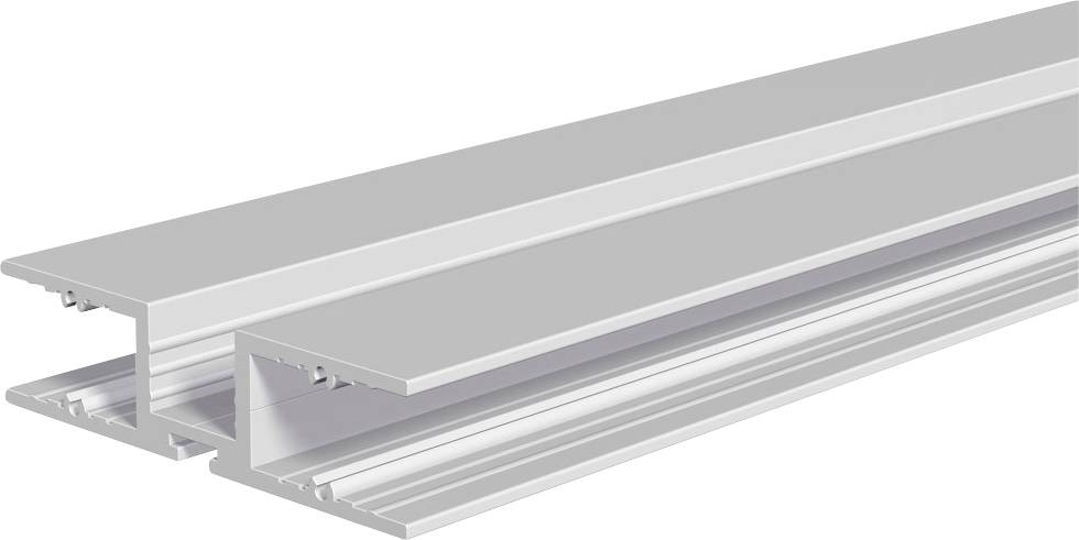 Zwei silberne Aluminium-Kanalprofile in perspektivischer Ansicht, eines in dem anderen verschachtelt, wobei ihre Querschnittsnuten und ihr Verriegelungsdesign hervorgehoben werden.