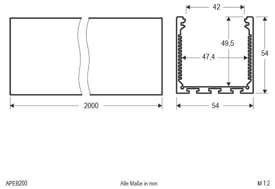 Technische Zeichnung eines 2000 mm breiten Panels und dessen Querschnitt mit Abmessungen in Millimetern: 54 mm breit, 54 mm hoch, 42 mm Öffnung oben, 47,4 mm Innenbreite, 49,5 mm Innenhöhe.