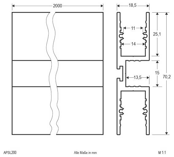 Technische Zeichnung eines 2000 mm breiten Aluminiumprofils mit Vorder- und Querschnittsansichten und Hauptabmessungen in Millimetern.