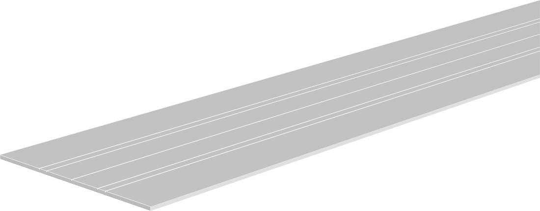 Graueste Wellblechdachplatte in Perspektive dargestellt, mit erhabenen Rippen und verjüngtem Ende.