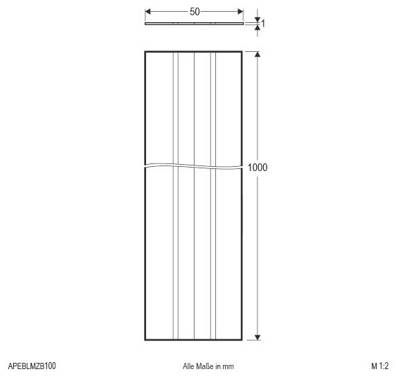 Technische Zeichnung eines rechteckigen Panels mit einer Höhe von 1000 mm und einer Breite von 50 mm, wobei die Dicke von 1 mm in Millimetern angegeben ist.