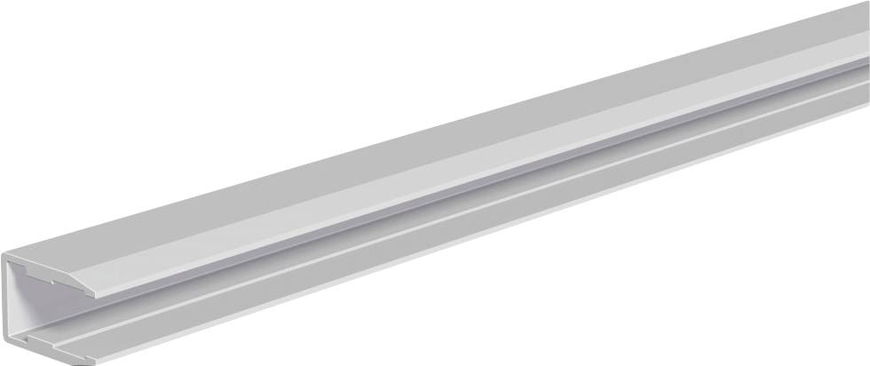 Ein silbernes Metallrinnen- oder Kanal-Profil, perspektivisch auf weißem Hintergrund dargestellt.