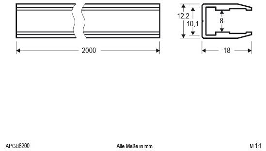 Technische Zeichnung des Profils A-A, die ein 2000 mm langes Bauteil und einen detaillierten Querschnitt mit Abmessungen, Winkeln und Wandstärken in Millimetern zeigt.