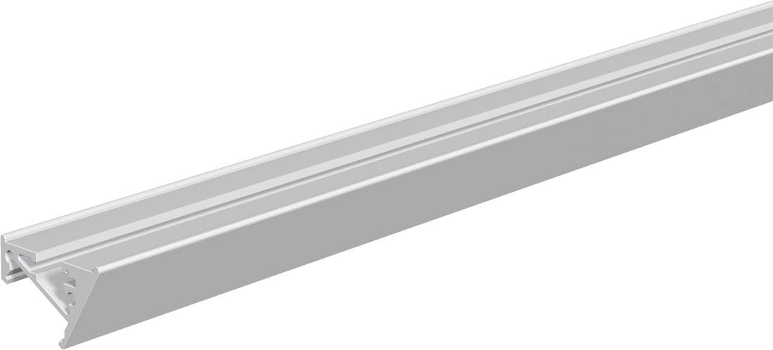 Lange graue Aluminium-Linearleuchte in perspektivischer Ansicht auf weißem Hintergrund.