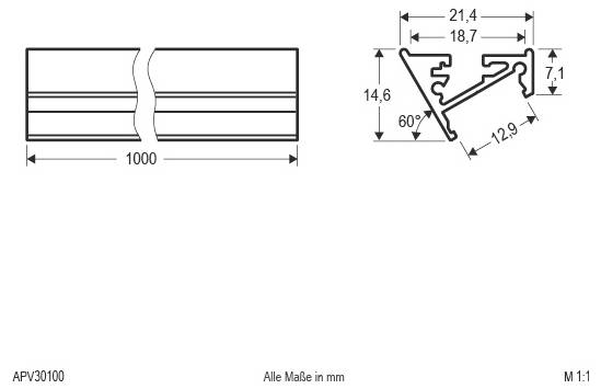 Technische Linienzeichnung eines gebrochenen Profilstreifens mit Gesamtlänge 1000 mm und einem Querschnitt mit den Abmessungen 21,4, 18,7, 14,6, 12,9 und 7,1 mm, 60°-Winkel.