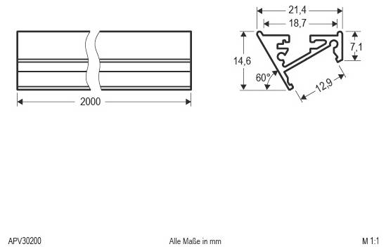 Technische Zeichnung eines gespaltenen Metallprofilquerschnitts mit einer Länge von 2000 mm und Querschnittsabmessungen in Millimetern, einschließlich eines 60°-Winkels.