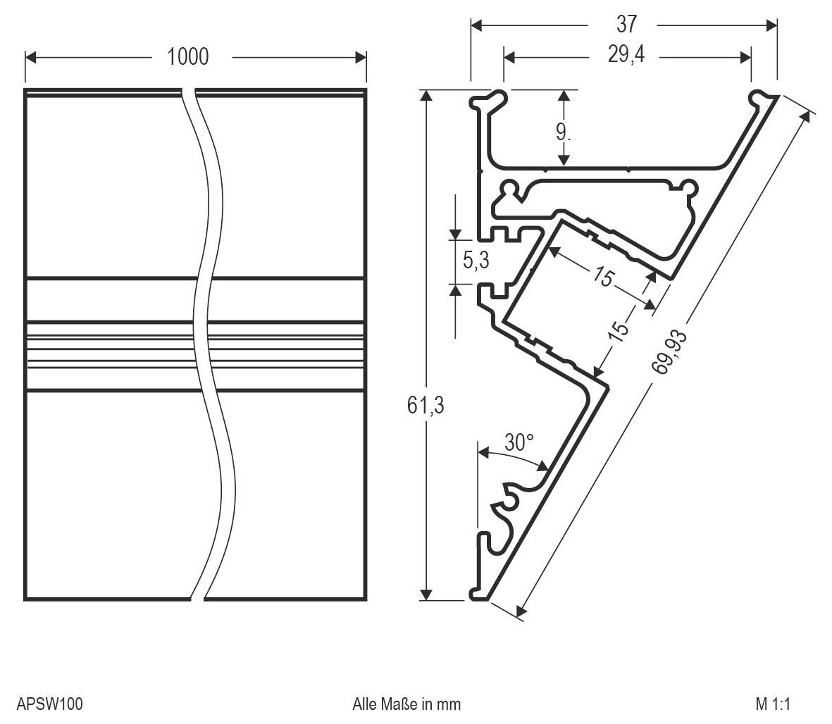 Maßstabgerechte technische Zeichnung eines Profilquerschnitts, zeigend eine Länge von 3000 mm und Querschnittsmessungen von 15, 14, 18,5, 11 und 17 mm.