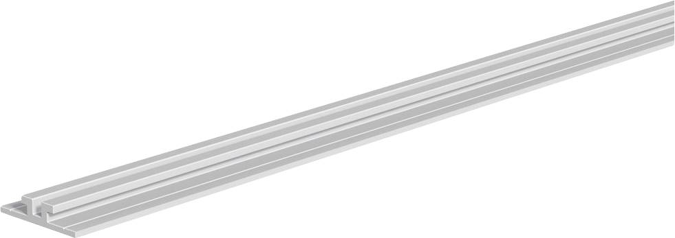 Ein langer silberner Aluminium-Kanal oder eine Schiene mit mehreren parallelen Nuten, auf weißem Hintergrund isoliert dargestellt.