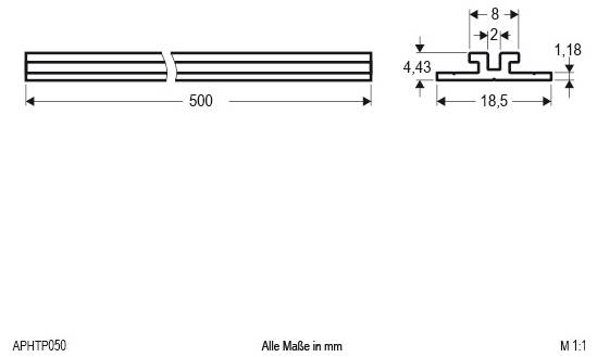Technische Zeichnung eines langen Nutprofils mit Seiten- und Querschnittsansichten mit den Abmessungen 500 mm Länge, 18,5 mm Breite, 4,43 mm Höhe und 1,18 mm Dicke; alle Maße in mm.