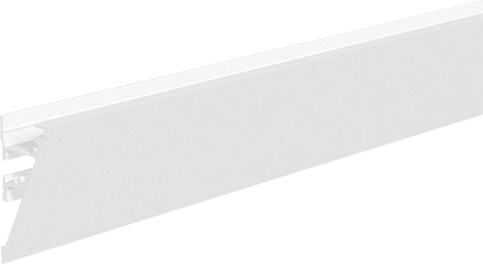 Langes weißes rechteckiges Panel oder Schiene, diagonal auf weißem Hintergrund dargestellt, mit einem kleinen gezahnten Ende auf der linken Seite sichtbar.