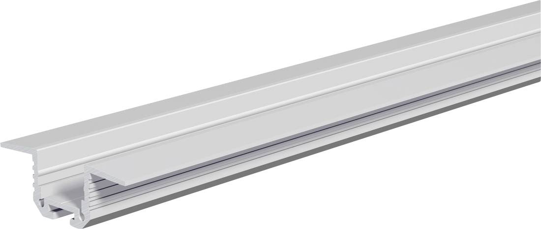 Langer Aluminium-LED-Lichtkanal mit mattiertem Diffusor und Montageflansch, in schräggleicher Seitenansicht auf weißem Hintergrund dargestellt.
