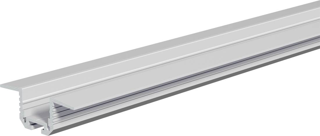 Langes Aluminium-LED-Profil/Strangpressung mit matter Streuscheibe und Montagenute, auf weißem Hintergrund dargestellt.