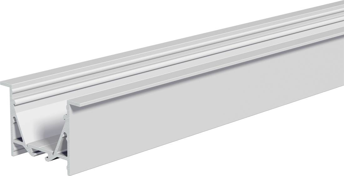 Weißes Aluminium-Strangpressprofil mit T-Nut-Kanal und gerillter Oberkante, perspektivisch auf einfachem Hintergrund dargestellt.