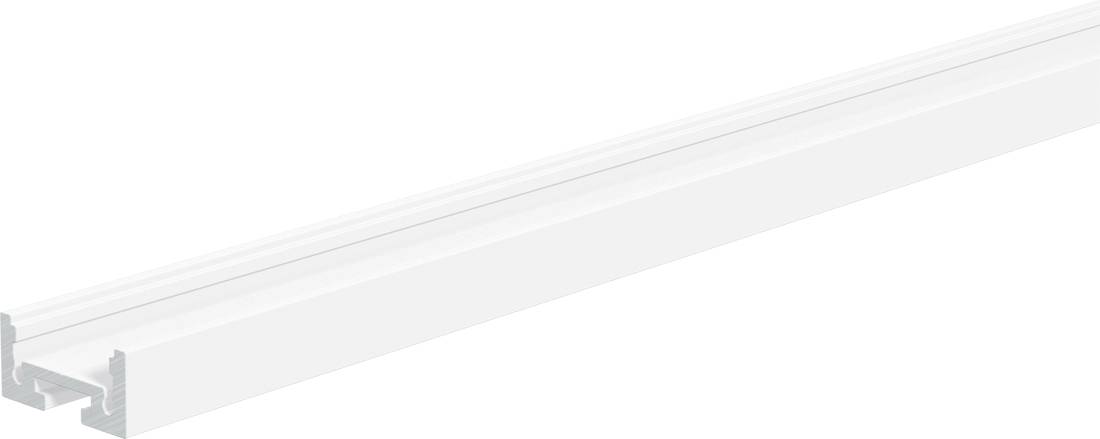 Nahaufnahme einer langen weißen Metallschiene oder eines weißen Metallgleises, das diagonal auf einem einfachen weißen Hintergrund angeordnet ist.