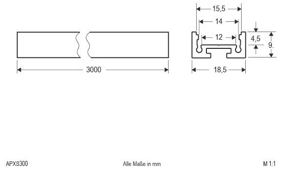 Technische Zeichnung eines 3000 mm langen Aluminiumprofils, mit Querschnittabmessungen von 18,5 mm Breite und 9 mm Höhe.