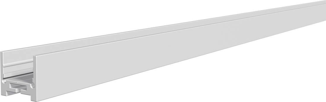 Weiße Aluminium-Schubladenschiene mit langem rechteckigem Frontpanel und sichtbarer Befestigungsschiene an einem Ende, dargestellt auf weißem Hintergrund.