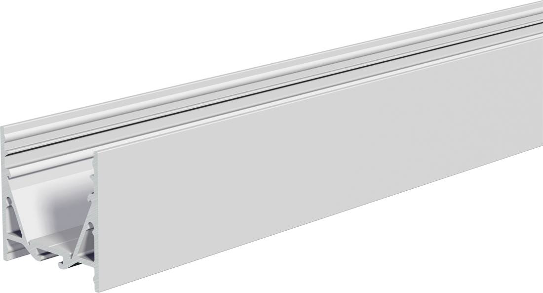 Nahaufnahme einer langen weißen Aluminium-Linearleuchte mit mattierter Abdeckung und Montageschiene.