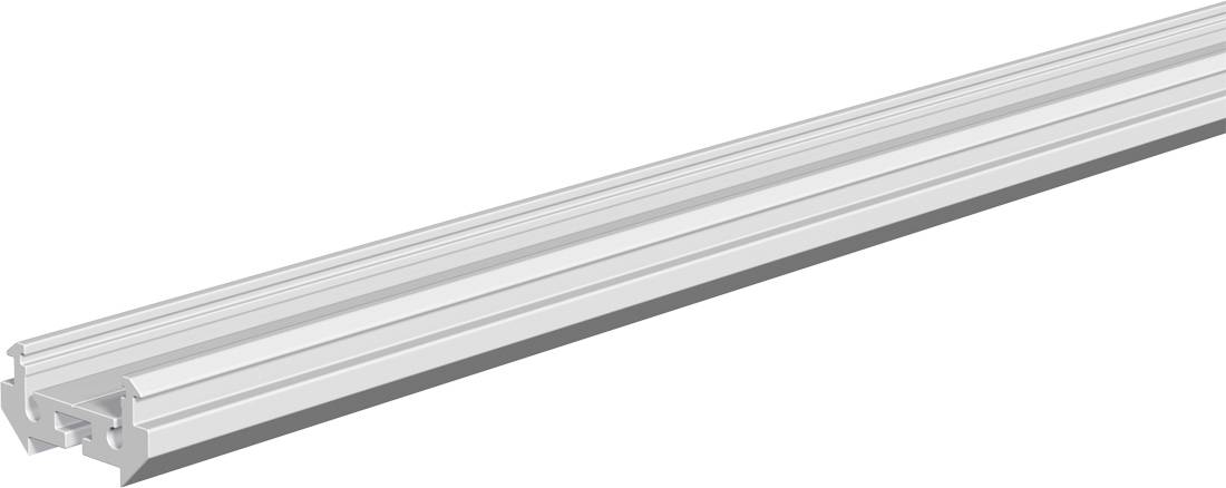Lange silberne Aluminium-Strangpressschiene mit T-Nut-Kanal, perspektivisch auf weißem Hintergrund dargestellt.
