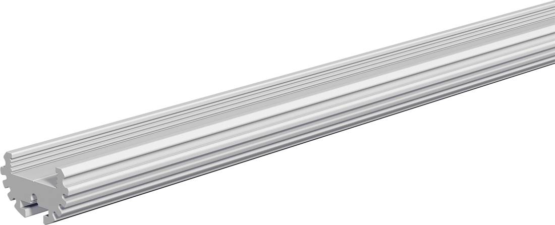 Silberne Aluminium-Strangpressschiene mit gerilltem T-Nut-Profil, diagonal auf weißem Hintergrund dargestellt.