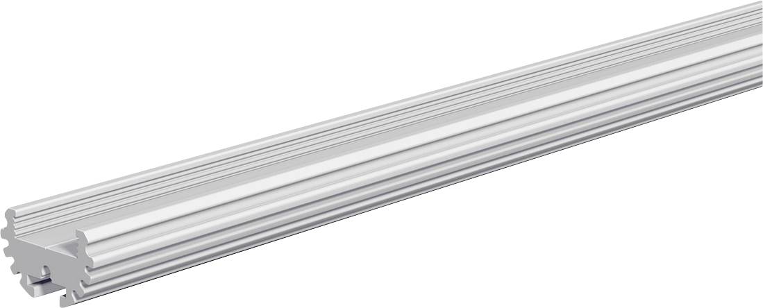 Silbernes Aluminium-Extrusionsprofil mit mehreren Nuten und einem T-Nut-Kanal, gezeigt auf weißem Hintergrund.